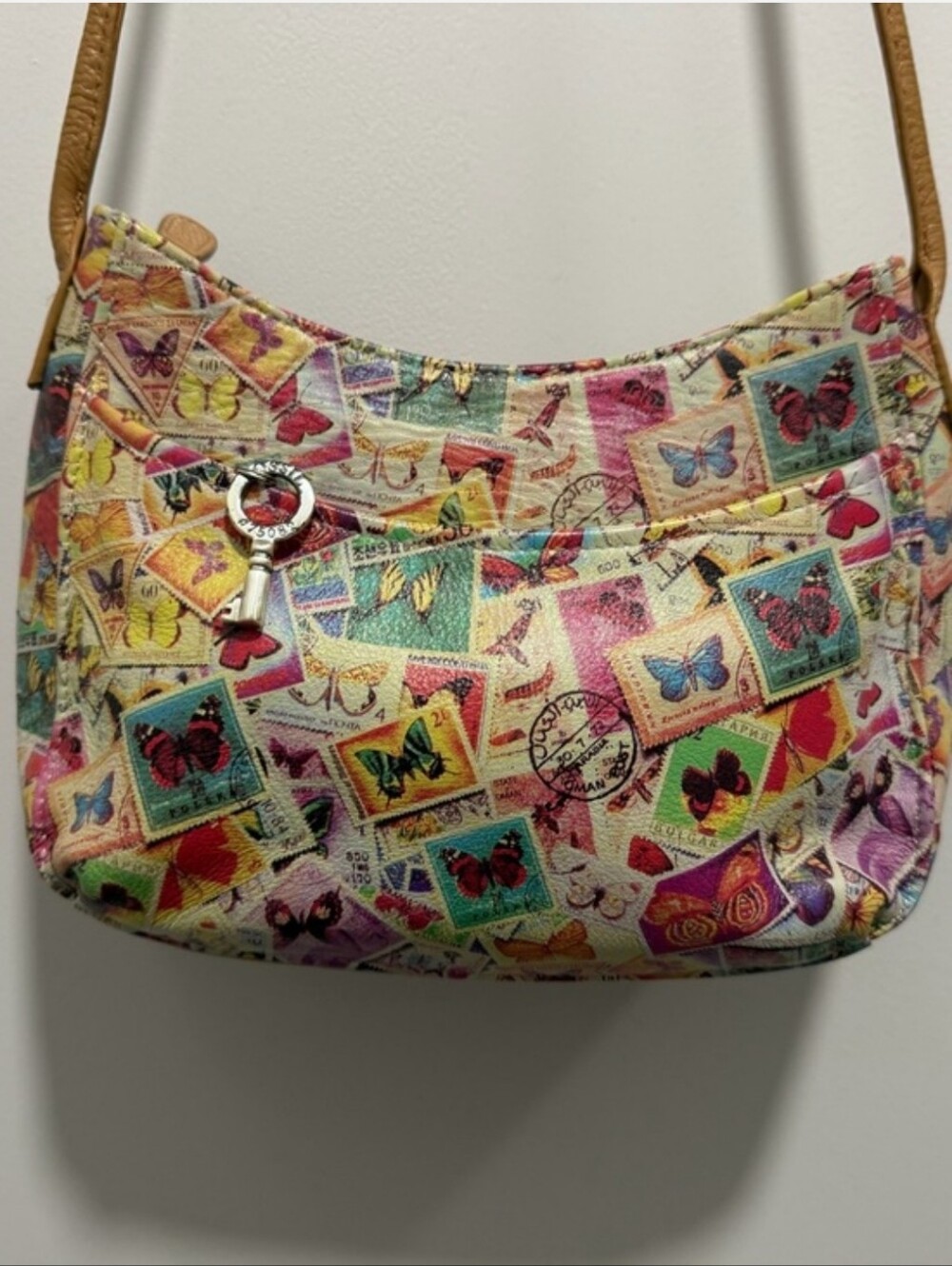 Vintage Fossil Butterfly Stamp Crossbody Bag Handbag Tan Multicolor Leather Y2K - Picture 5 of 10